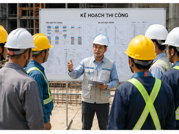 Chỉ huy trưởng giao việc cho công nhân tại công trường